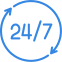 A blue circle with the word " 2 4 / 7 ".