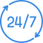 A blue circle with the word " 2 4 / 7 ".